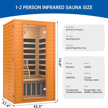 Infrared Sauna for Home, near Zero EMF Home Saunas for up to 2 Person, Indoor Dry Heat Sauna Room with Infrared Red Light Therapy, Bluetooth Speakers, Canadian Hemlock Wood