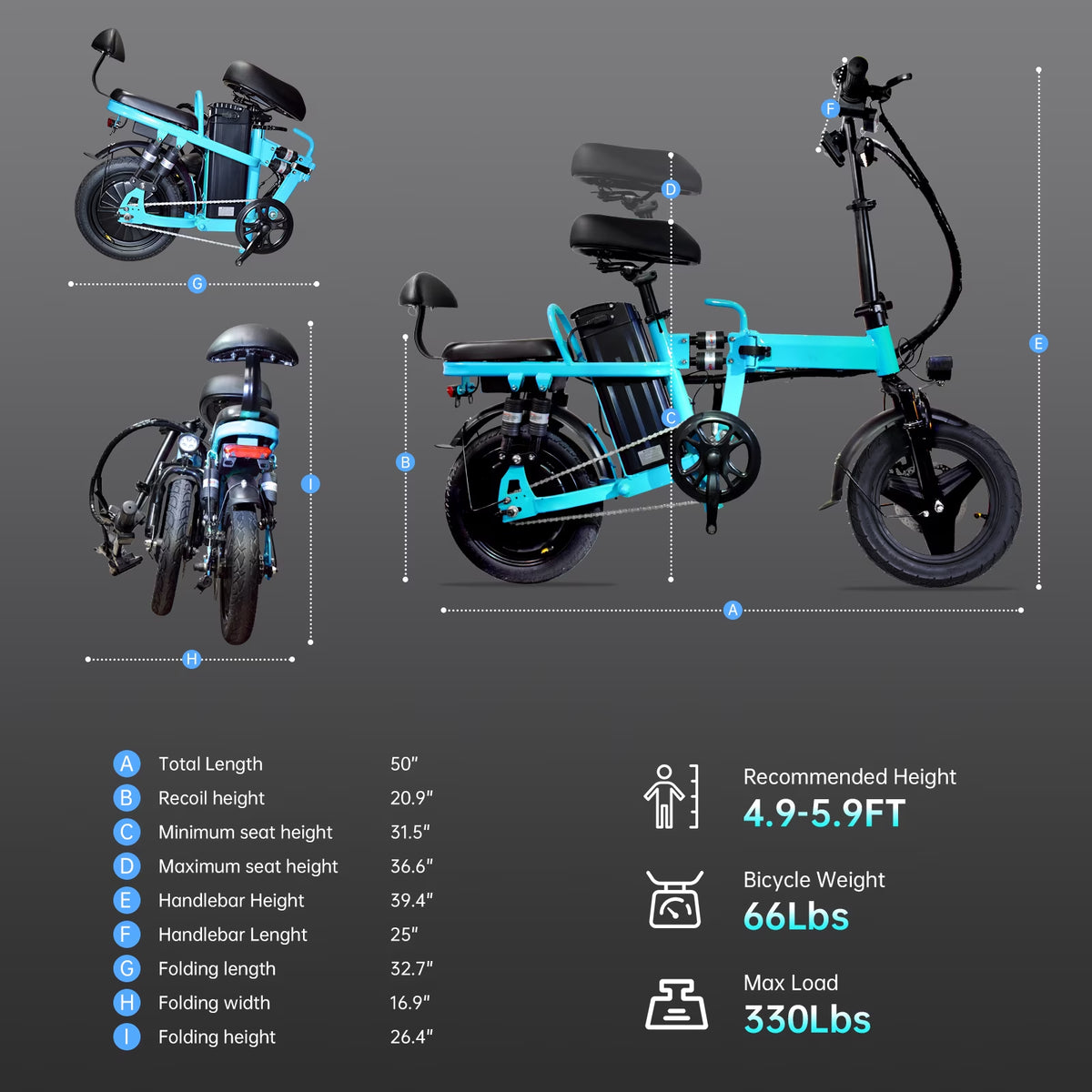 750W Folding Electric Bike,48V 20AH Removable Battery E Bike,20Mph,50 Miles Max Range Electric Bike for Adults,14" Tire Foldable Ebike,Adult Electric Bicycle for Commute